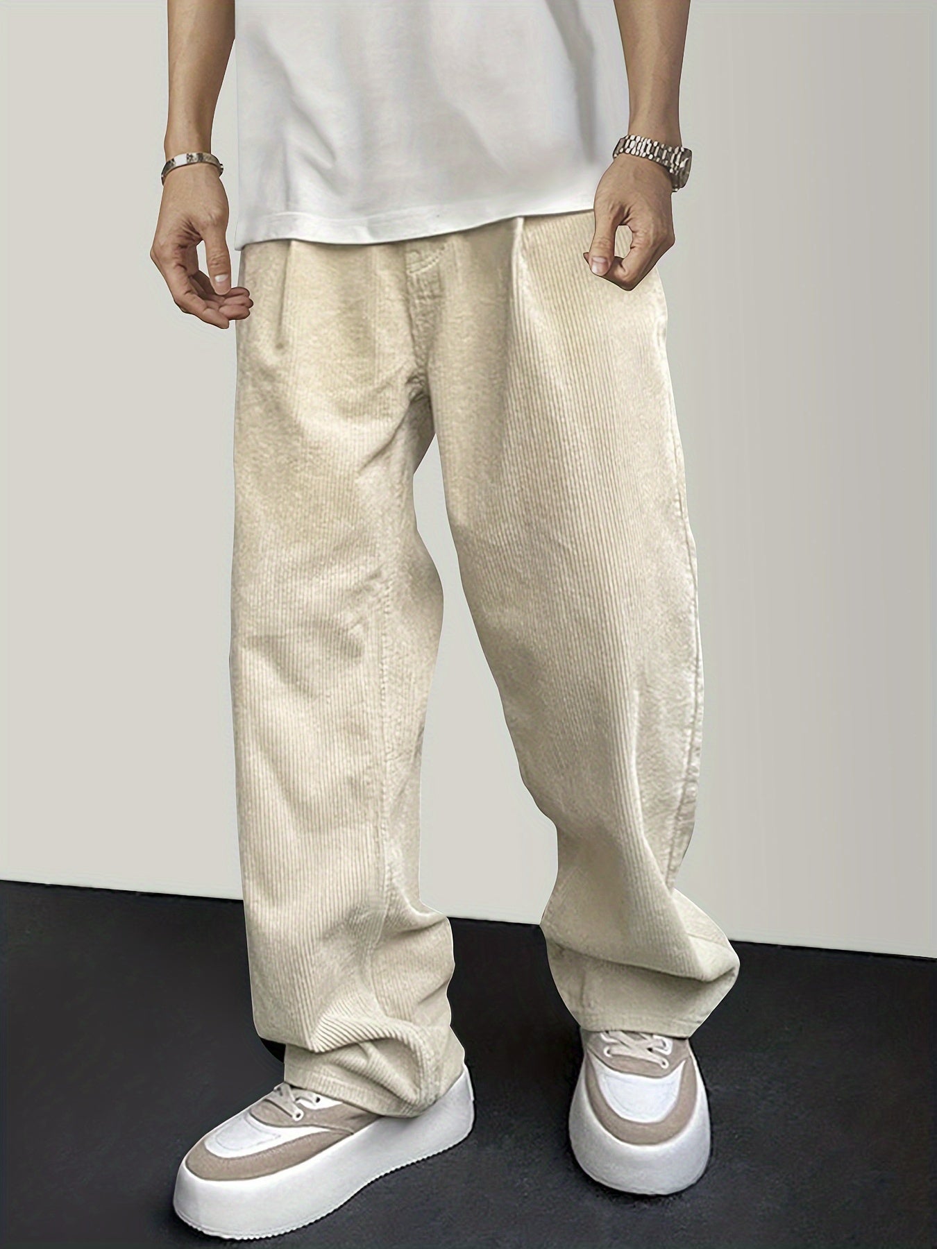 Casual Broek - Effen Kleur - Polyester Corduroy met Koordsluiting - Perfect voor Weekend Casual