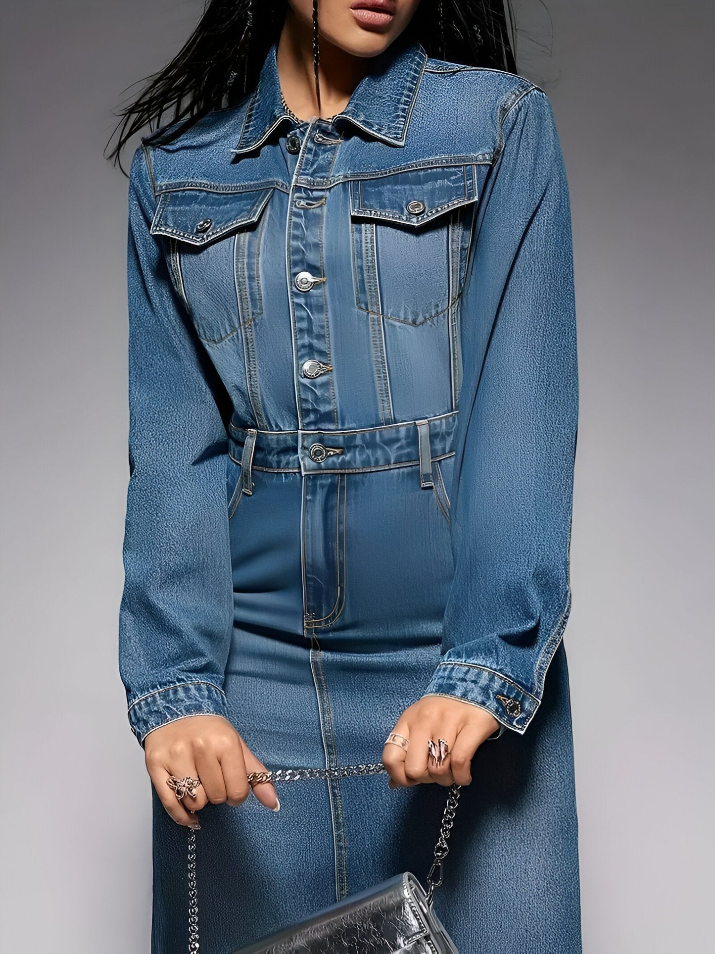 Jacinta | Stijlvolle denim-look jurk met lange mouwen